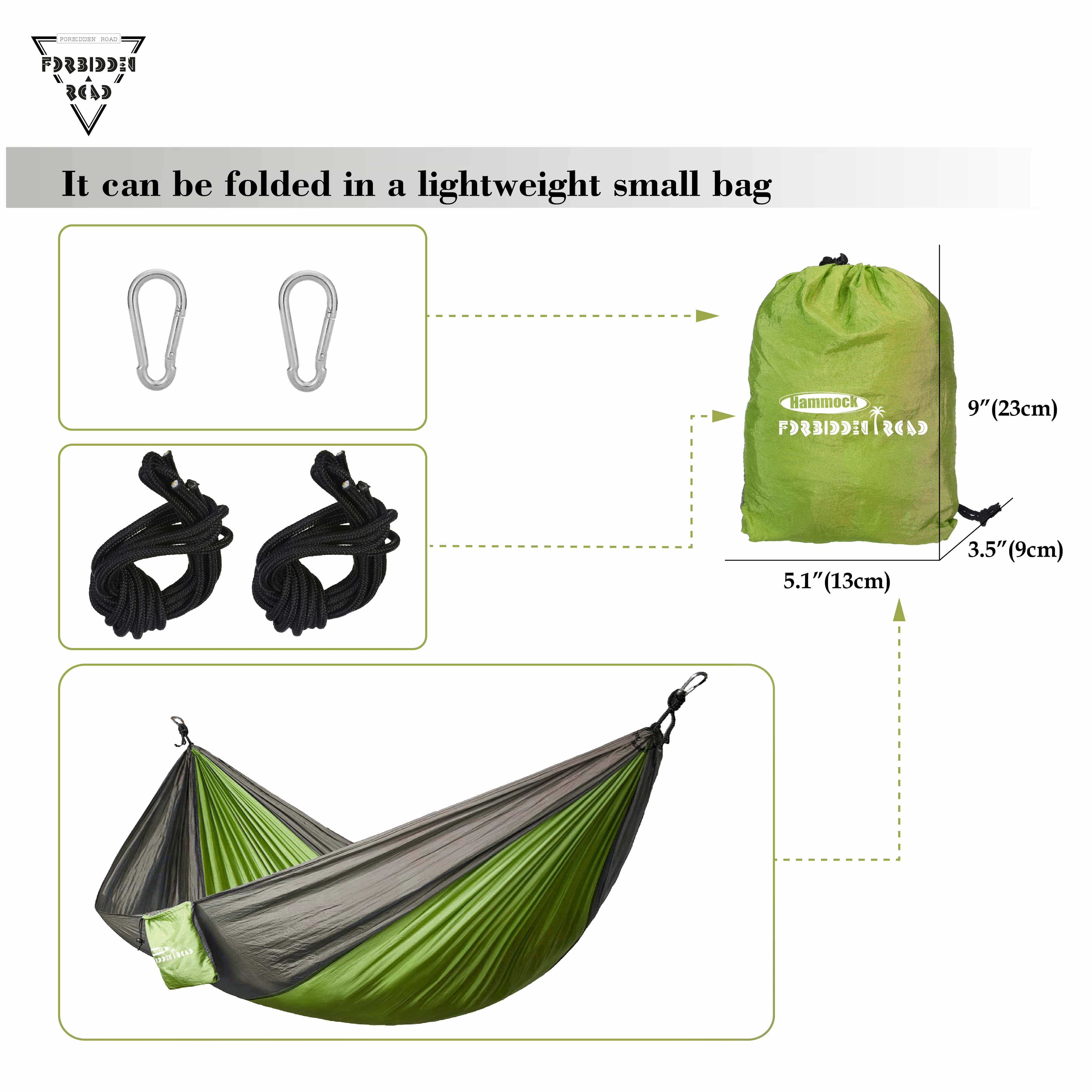 Buy Forbidden Road Single & Double Hammock for Camping Garden 210D Nylon  Support 500lbs Ropes Carabiners Included - Green Online from JBM Gear
